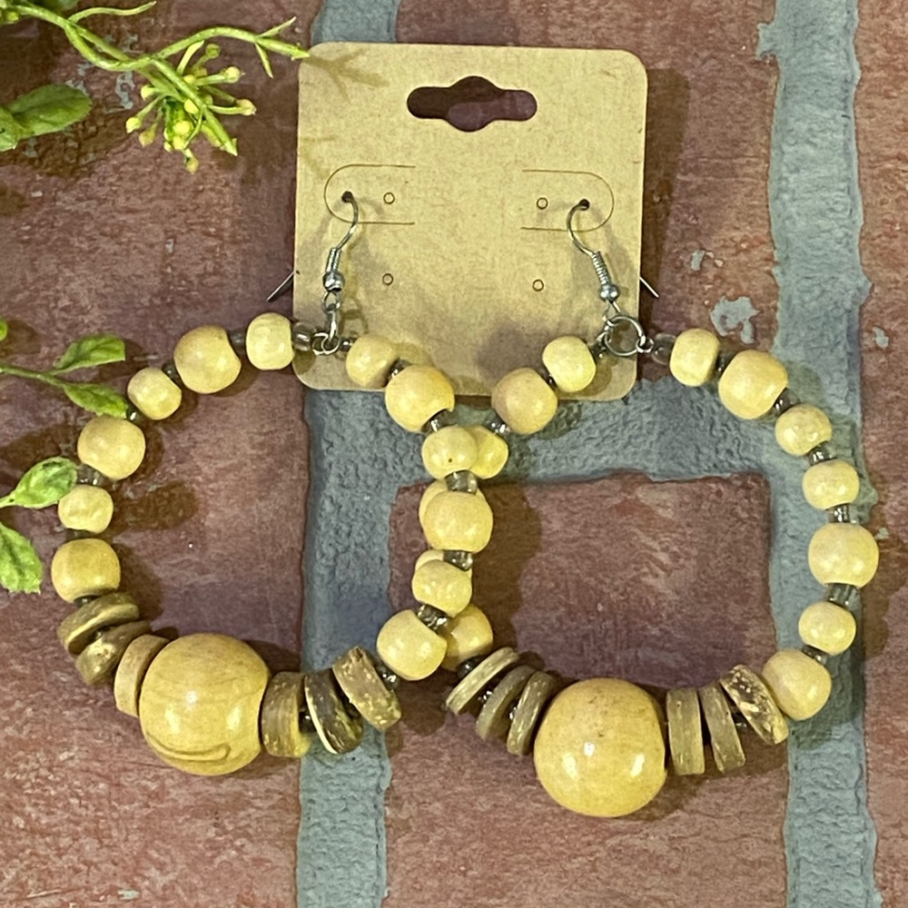 Fashion Large Tan Wood Beaded Statement Earrings Hook Backs